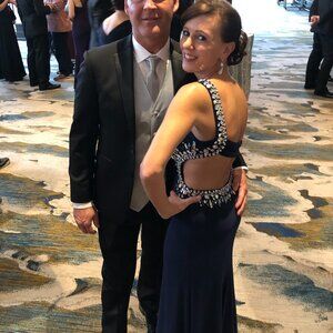 Navy gown for prom/gala with gemstone trim and cutout waist | size S